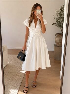 Kobi Halperin Contemporary Kiera Midi Dress White Tie Waist Cotton Blend Size M